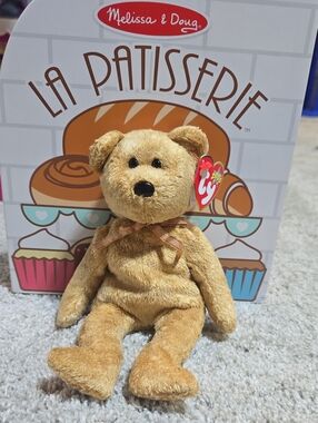 Ty Cashew BEAR Brown Plush Teddy Bear with Bow - Soft Tan Fur